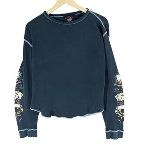 Vintage Y2K Womens Long Sleeve Skulls Cards Waffle Knit Shirt size Large Black